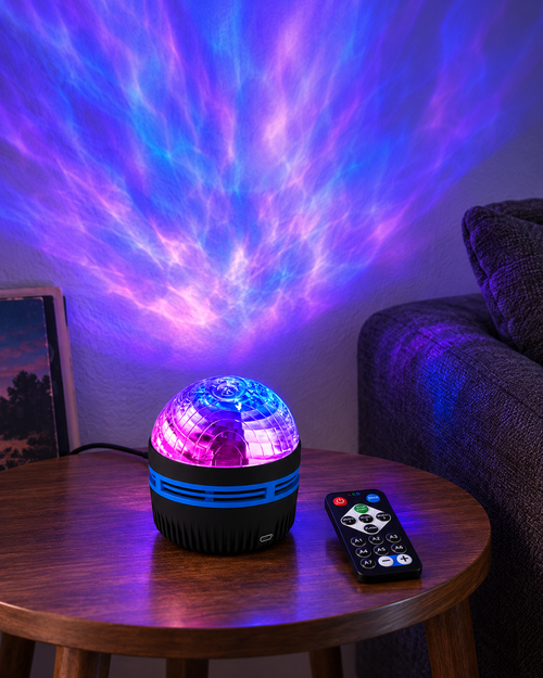 Blue-violet light from the aurora projector spreads across the wall.