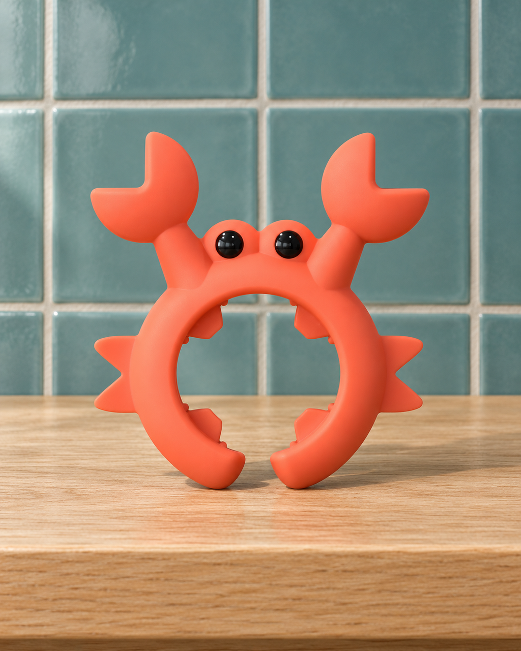 Red silicone crab utensil rest with raised claws on a wooden counter