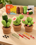 Example of the three finished crochet cacti in pots, shown with the yarn, hooks, booklets and small parts from the kit