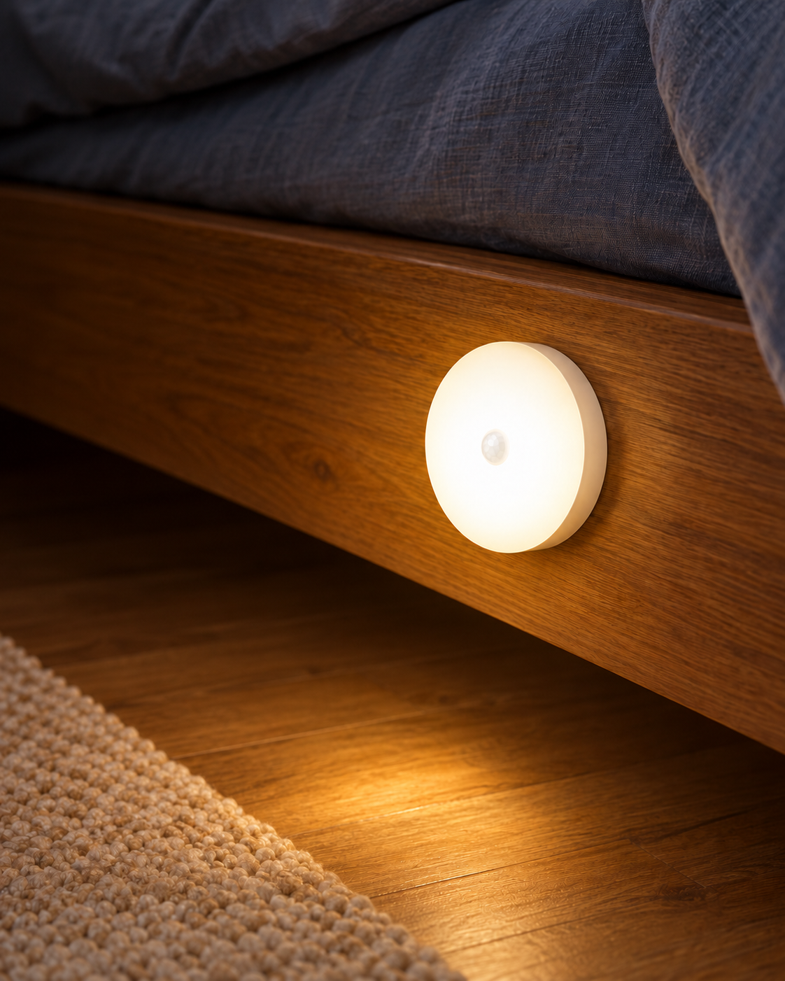 Round night light glowing warm white low beside a bed in a dark bedroom