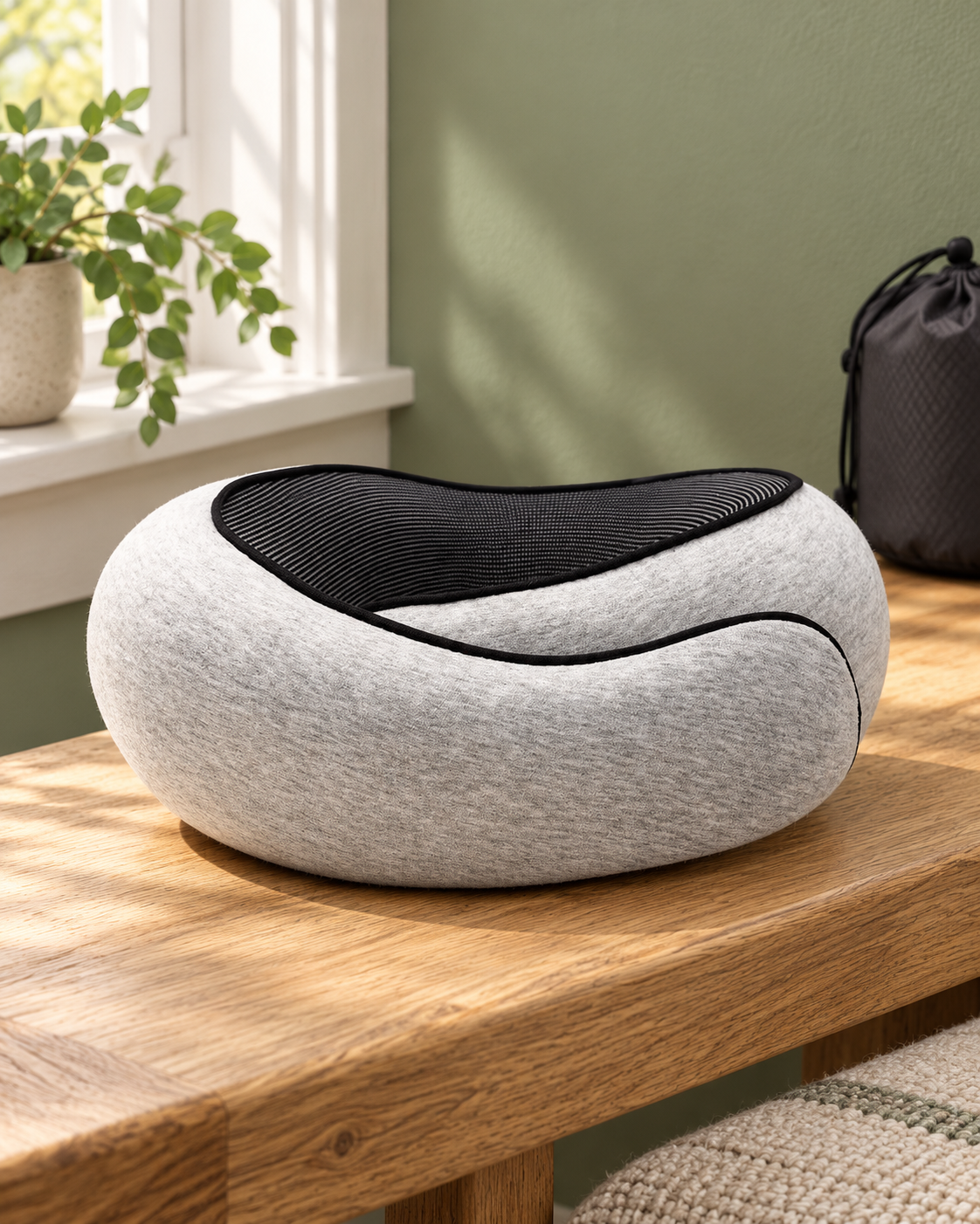 Light-gray wraparound neck pillow resting on a wooden bench by a window