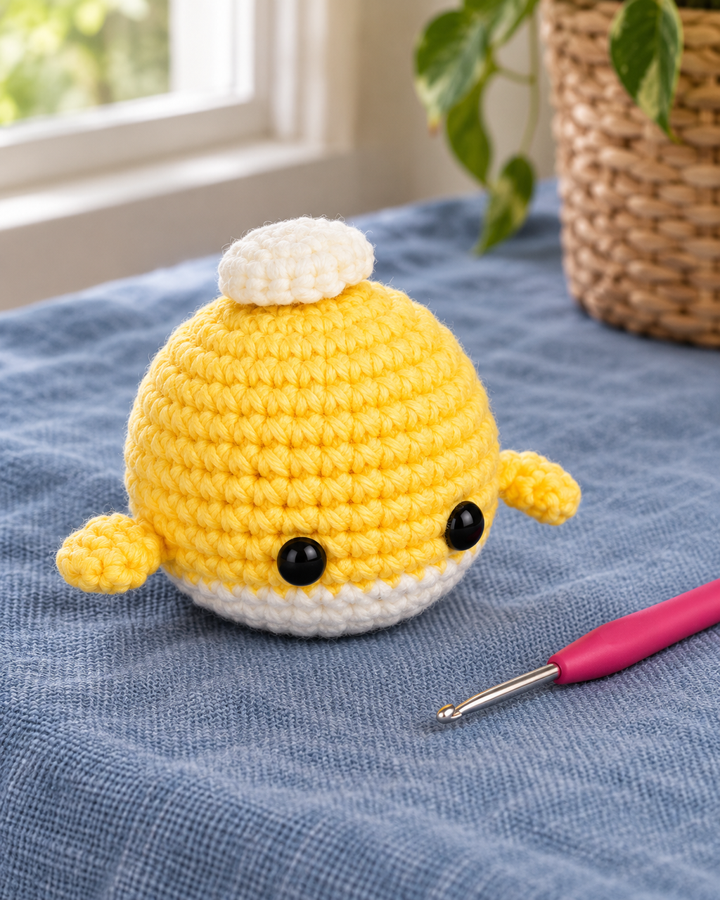 Example of a finished yellow crochet whale on a blue tablecloth beside a crochet hook