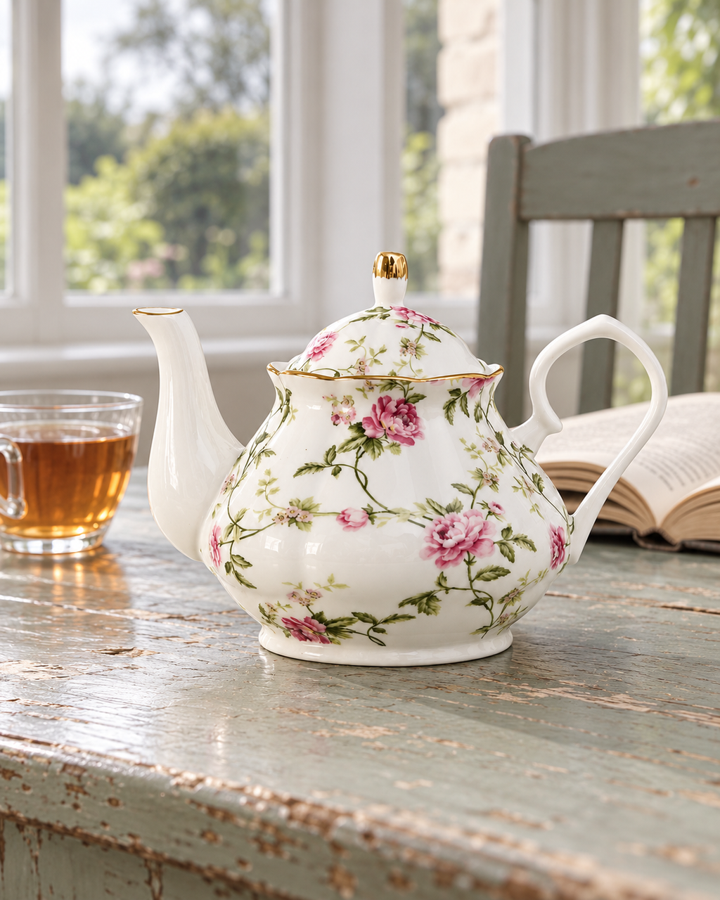 Floral ceramic teapot on a painted wooden table beside a glass cup of tea and an open book