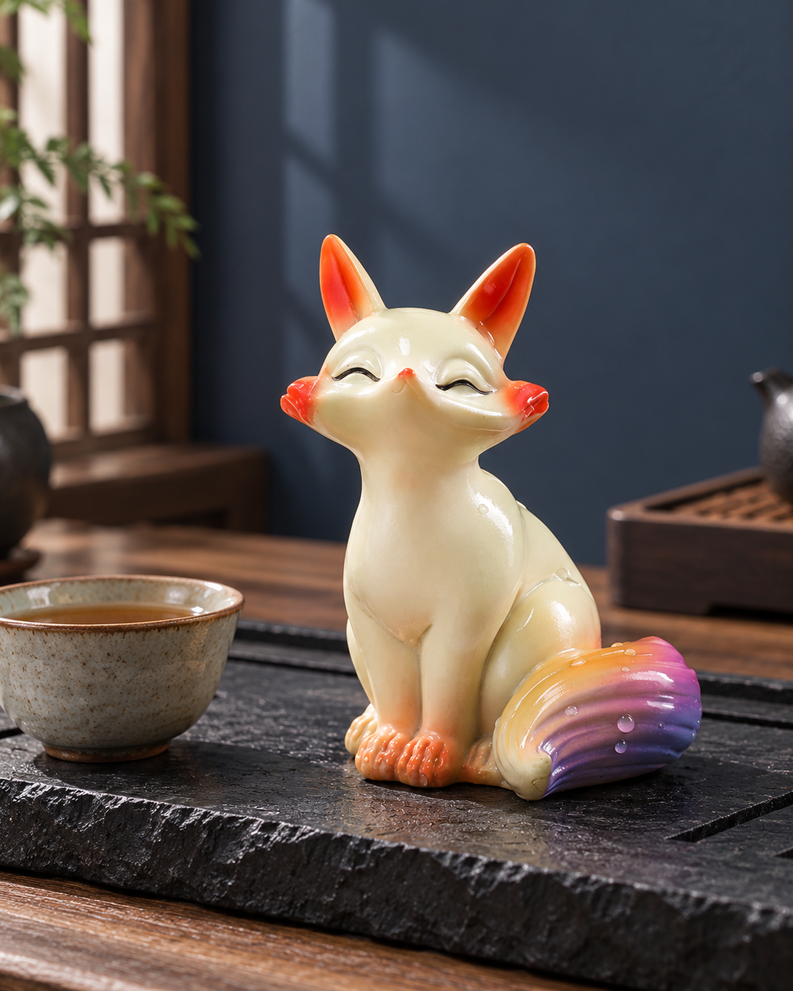Smiling fox tea pet with orange ears and a multicolored tail on a stone tea tray beside a cup of tea