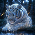 Example of the finished forest tiger diamond painting, a sparkling white tiger by the water at night