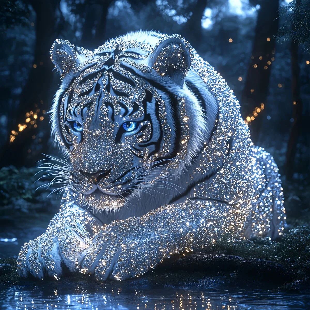 Example of the finished forest tiger diamond painting, a sparkling white tiger by the water at night