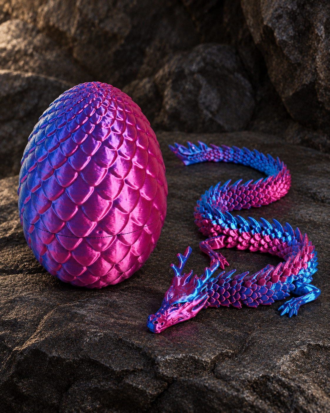 blue violet articulated dragon and egg