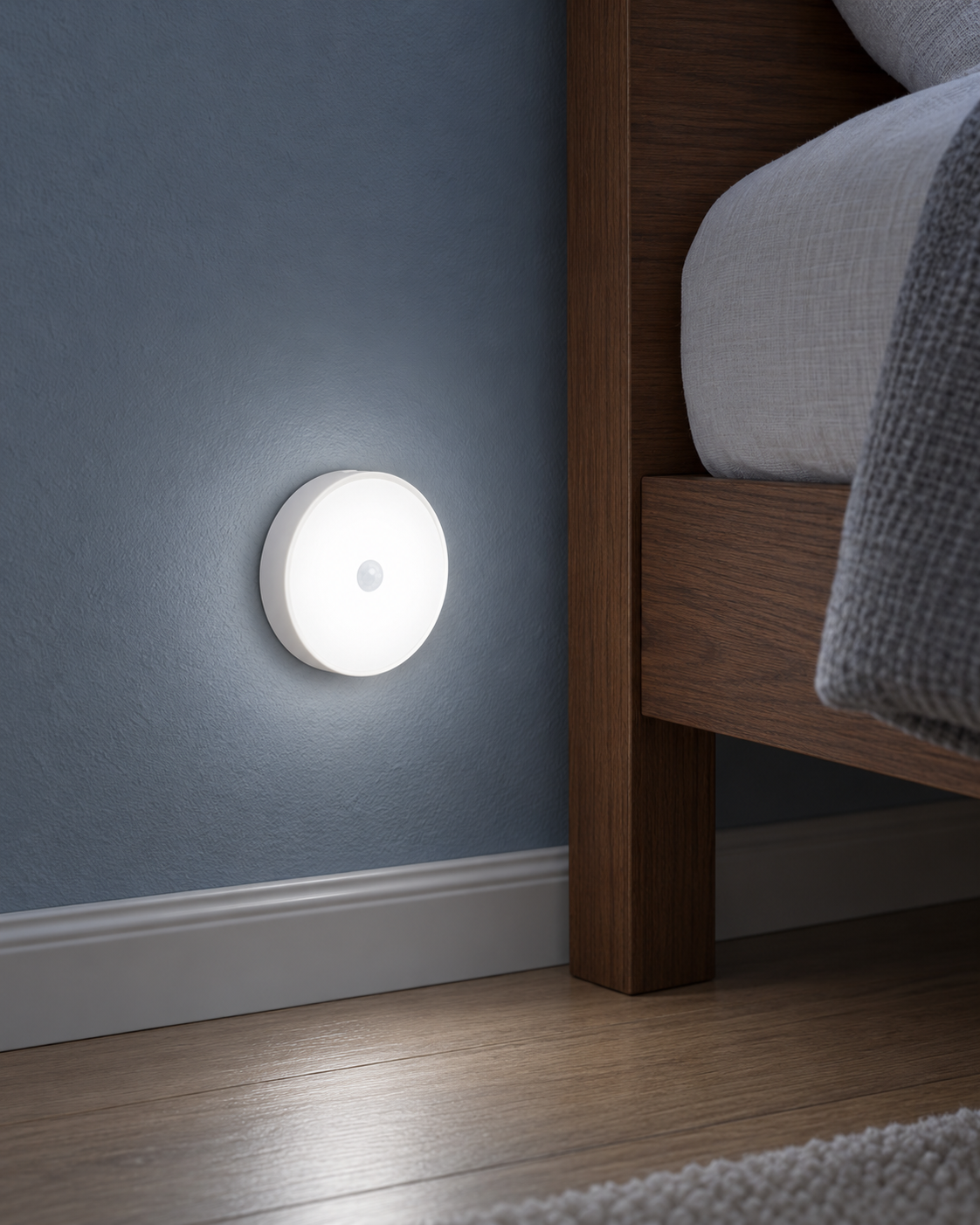 Round wall night light glowing cool white beside a bed.
