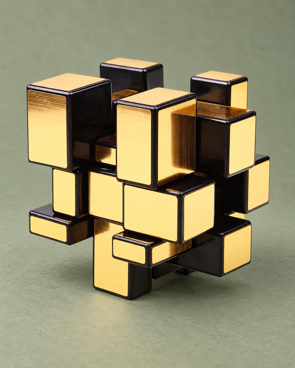 Gold mirror puzzle cube twisted out of shape against a green background