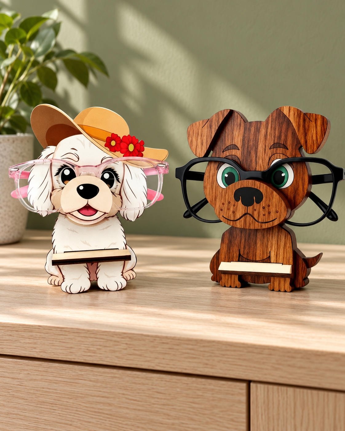 Dog Eyeglasses Holder: Brown and white pair