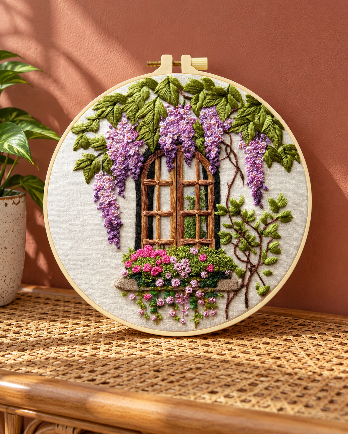 Example of the finished wisteria window embroidery in its hoop, with purple blossoms around an arched window