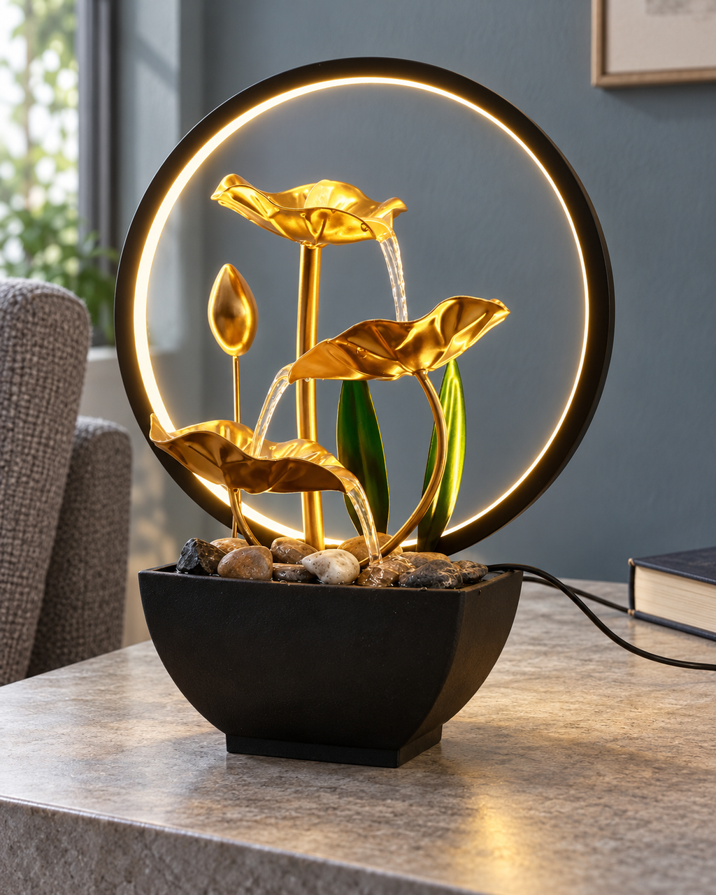 Tabletop fountain with gold-tone leaves inside a lit ring, water running into a stone-filled black basin
